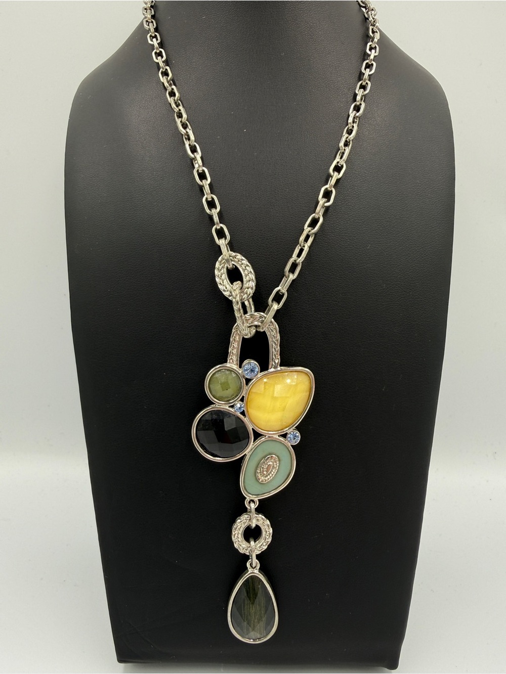 Lia Sophia Silver Necklace with Yellow, Green, Black and Teal Accents